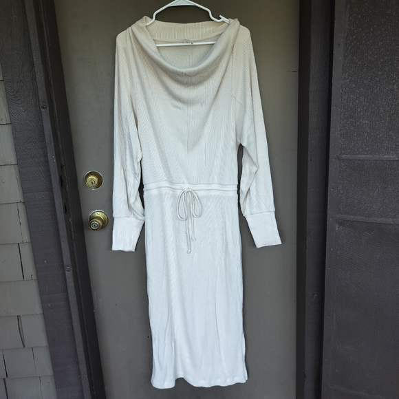 Daily Practice Cowl Neck Lounge Dress Cream Drawstring Waist Slit Maxi Dress - Picture 5 of 10